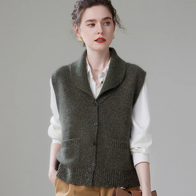 5针3股重磅加厚花纱翻领羊绒马甲