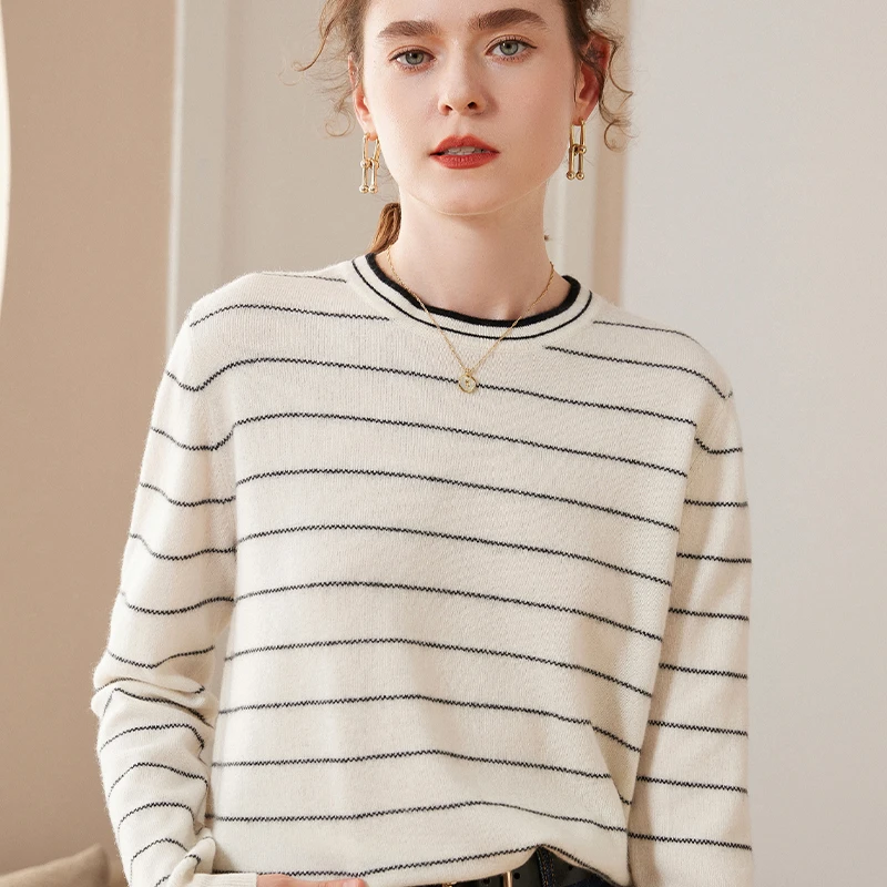 100纯山羊绒12针平面条纹圆领羊绒打底衫