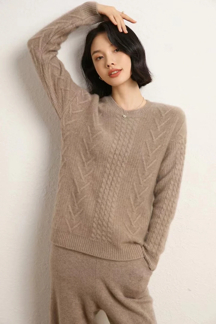 5针3股重磅加厚圆领绞花100纯羊绒女士针织百搭秋冬羊绒衫