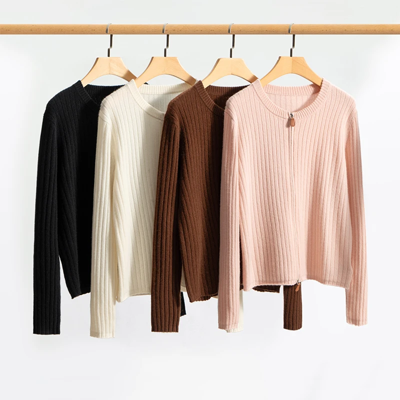 100纯山羊绒LP同款双拉链女士圆领坑条羊绒衫