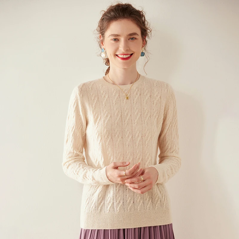 100纯山羊绒2024春季新款镂空小麻花圆领女士羊绒衫