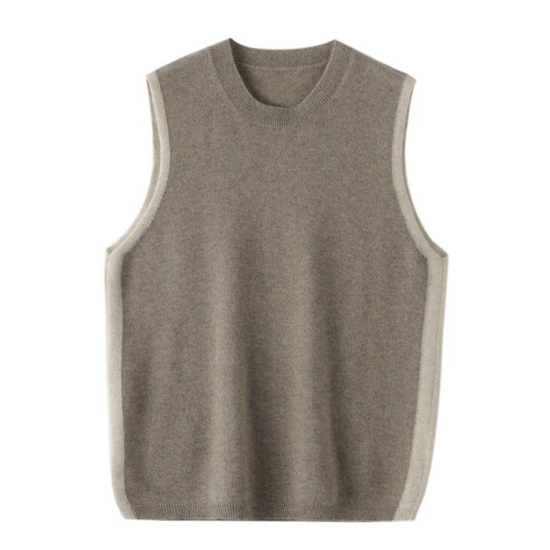 100纯山羊绒女士圆领拼色背心