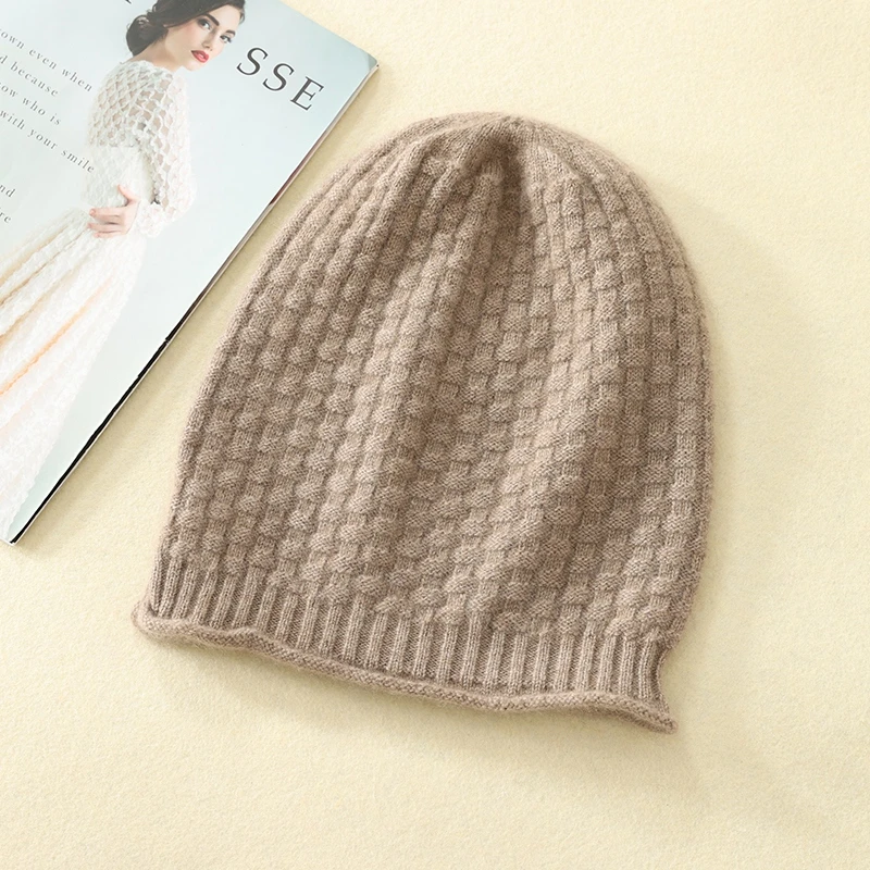 100纯山羊绒方格卷边羊绒帽子