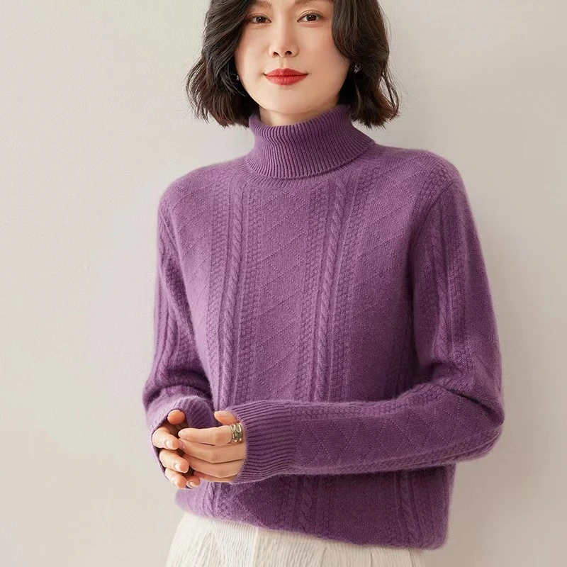 100纯山羊绒女士7针加厚全身绞花高领羊绒衫