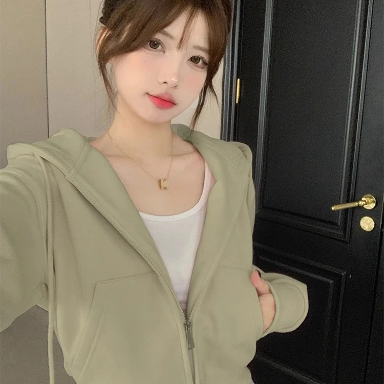 纯棉内里同色2024年秋冬短款卫衣外套女小个子连帽拉链开衫外套款