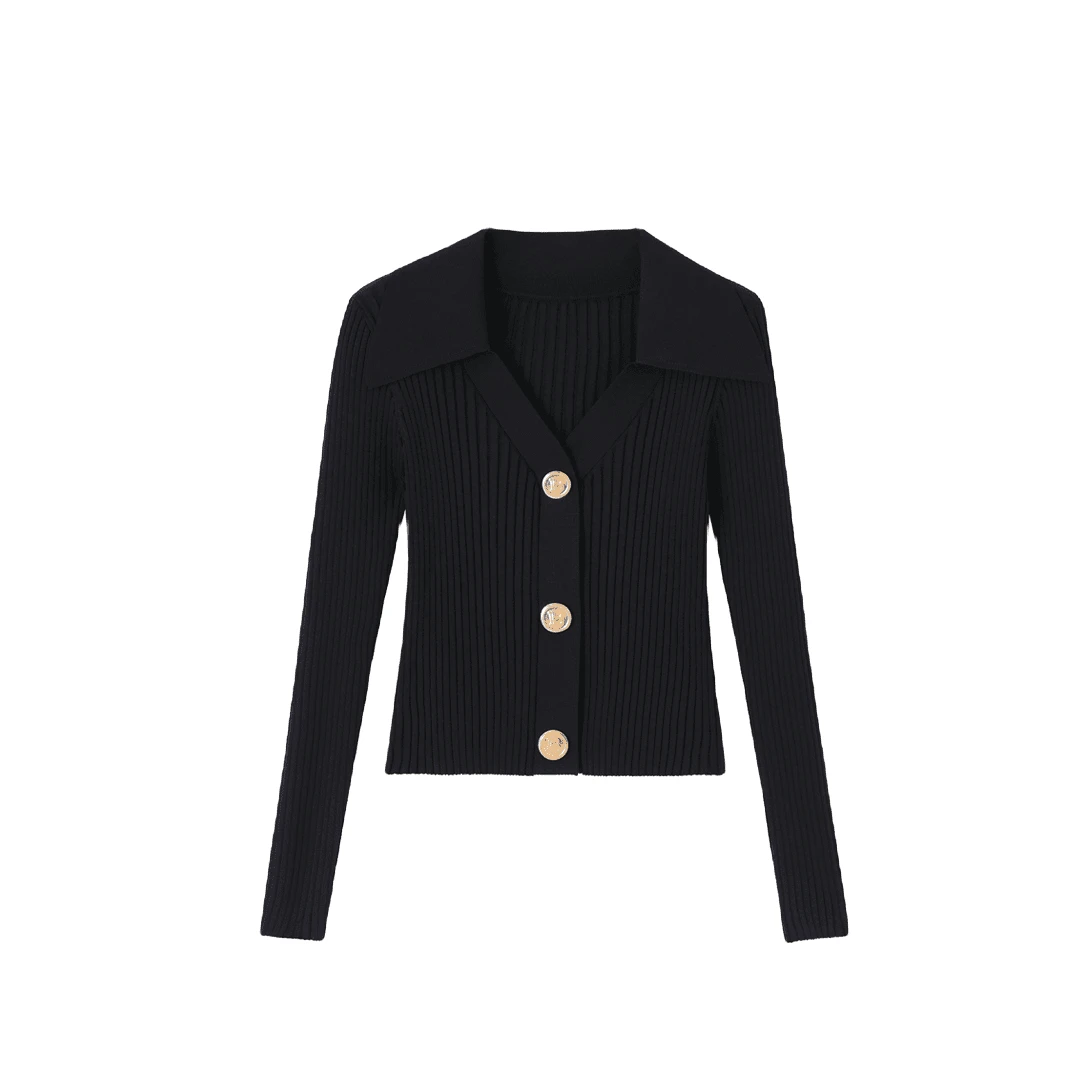 立体翻领轻奢针织开衫显瘦女v领长袖气质女长袖D522