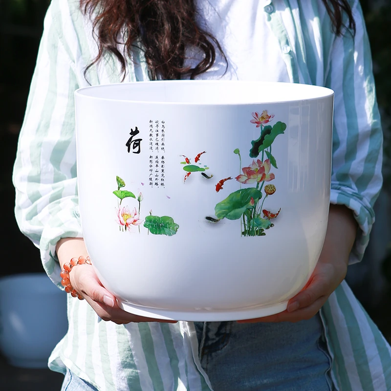 大口径无孔金钱草花盆碗莲一叶莲树脂中国风仿瓷荷花盆送荷花种子