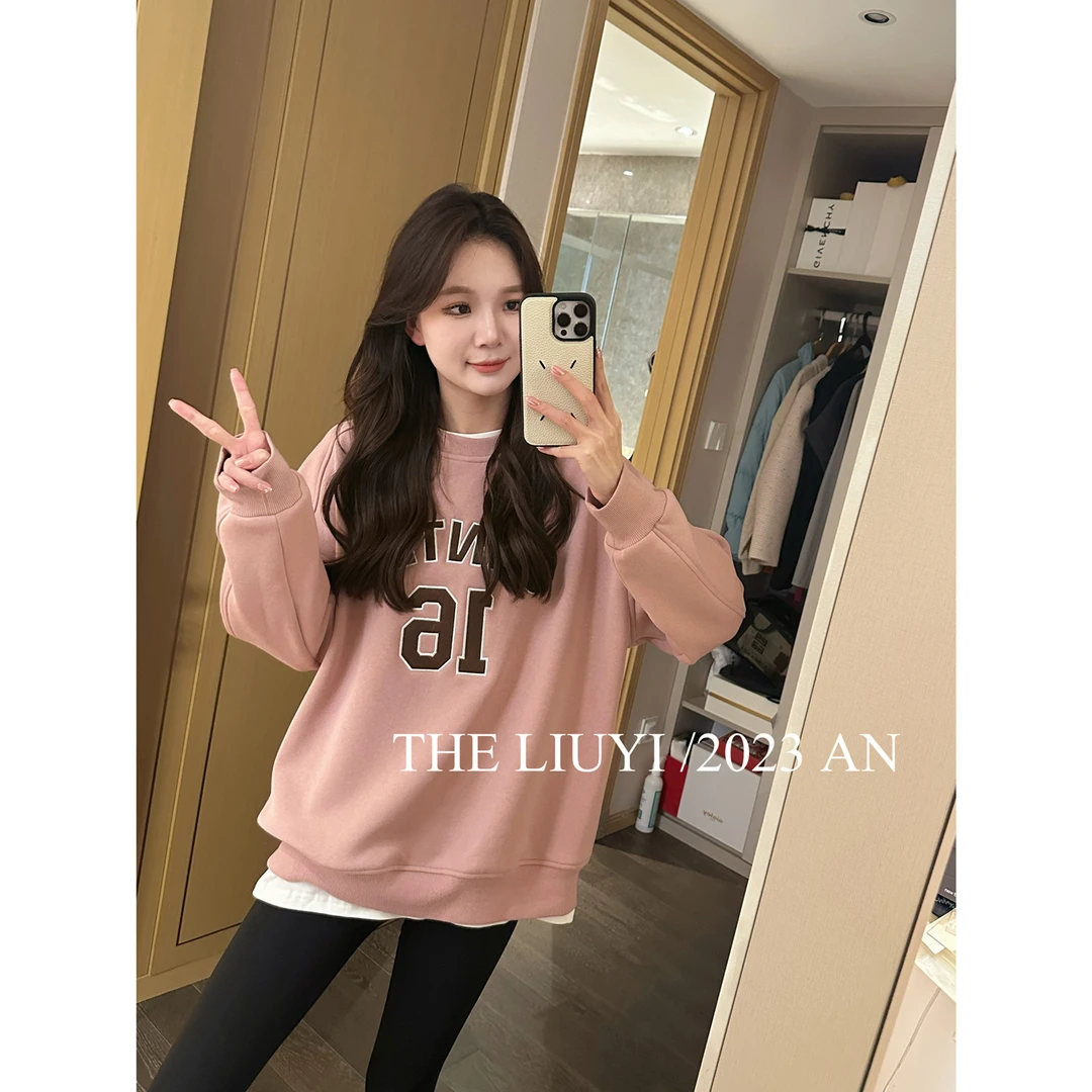 【LIUYI】团宠卫衣~秋冬加绒加厚刺绣字母圆领上衣39201