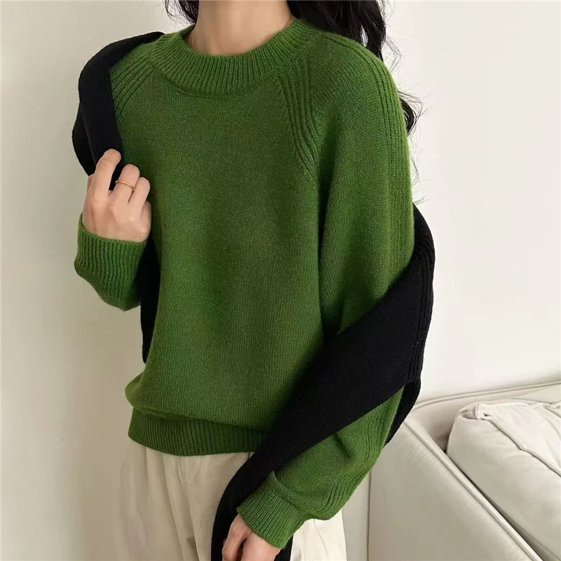 纯色软糯插肩袖圆领长袖毛针织衫女毛衣2024秋冬季新款宽松打底厚
