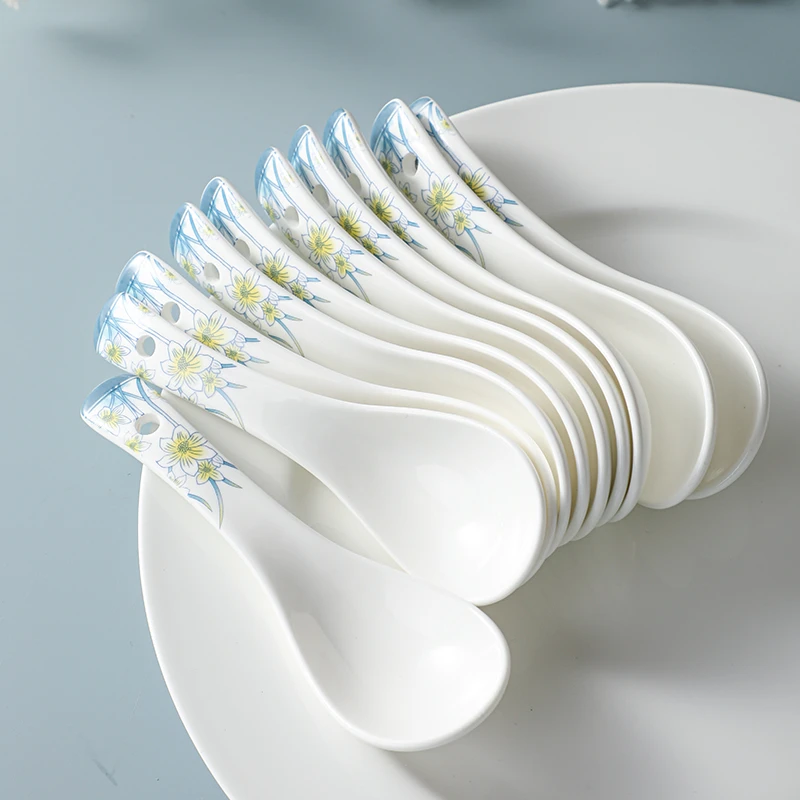 陶瓷小汤勺家用汤匙微波炉适用水仙花小调羹吃饭勺子陶瓷勺子10只