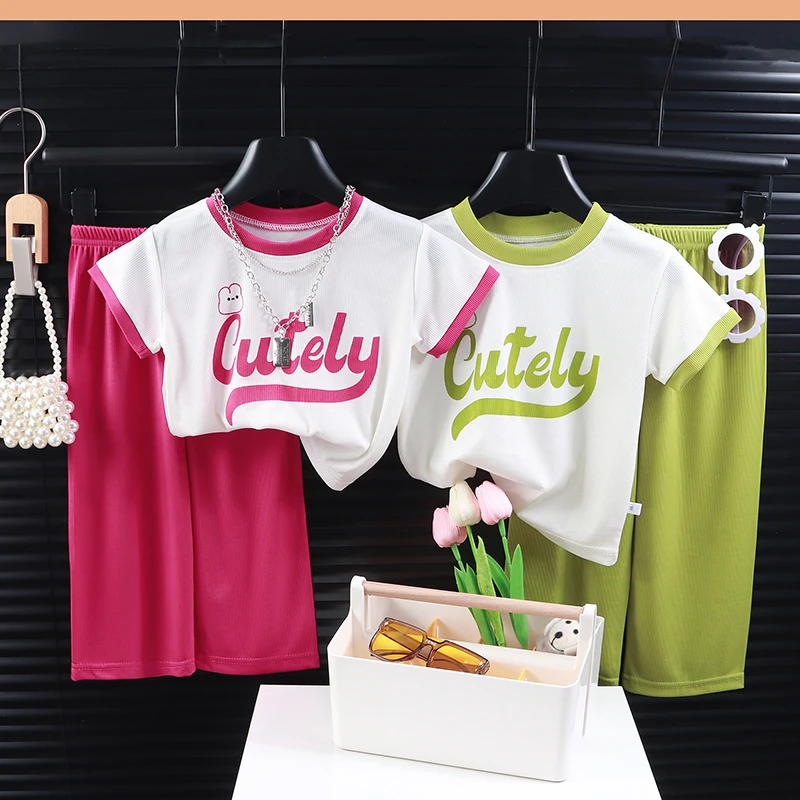 儿童夏季新款冰丝套装宝宝百搭洋气童装女童薄款时尚穿搭衣服8888