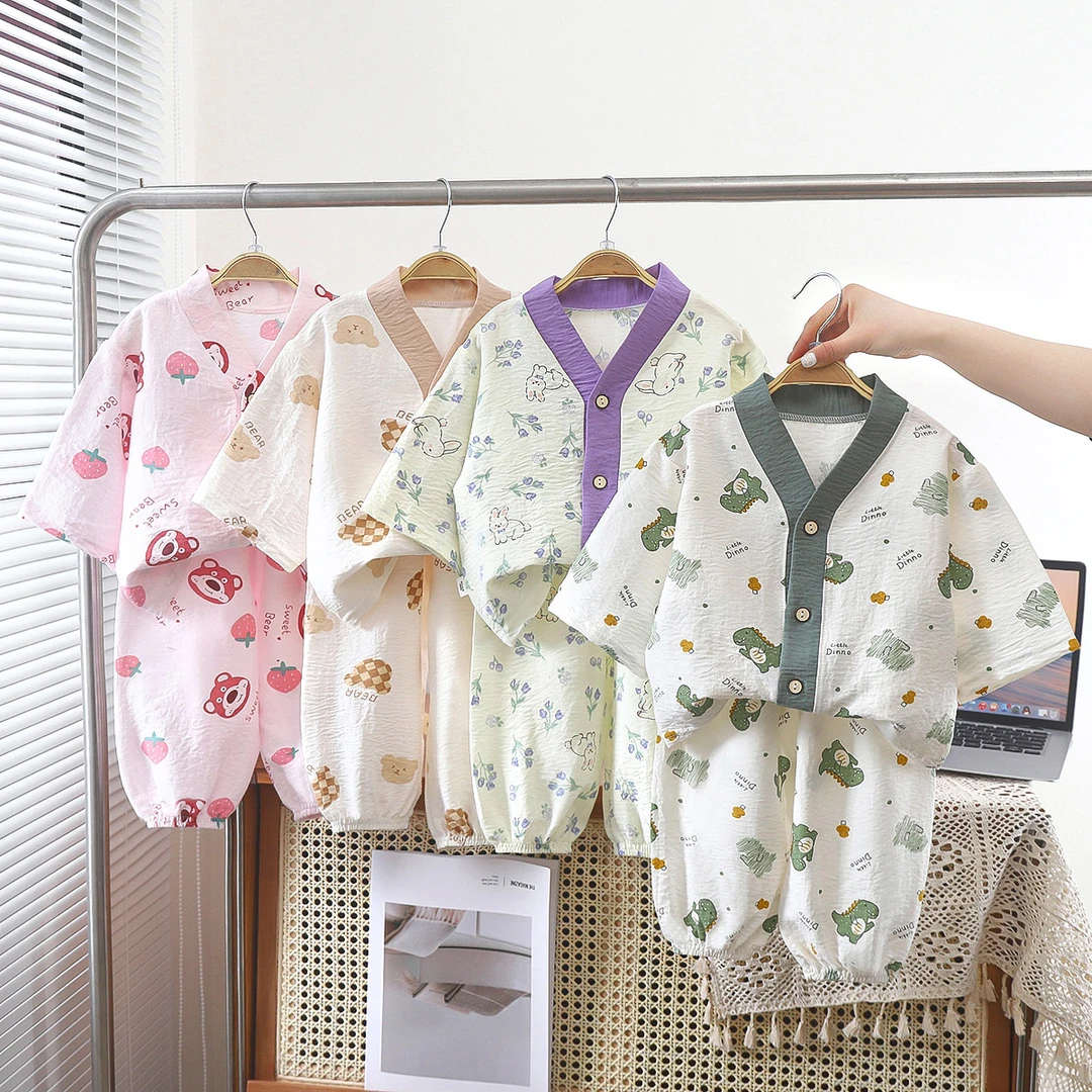 【现货】夏季新款儿童云朵棉家居服V领男女童空调服睡衣套装8888