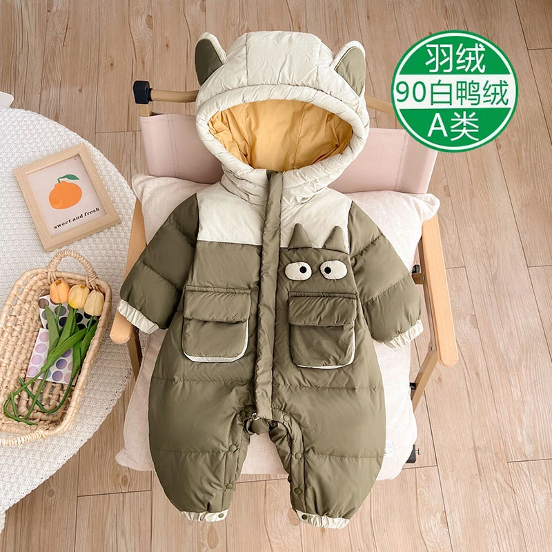 婴儿冬装衣服男宝宝羽绒服连体衣连帽90白鸭绒保暖外出哈衣冬季