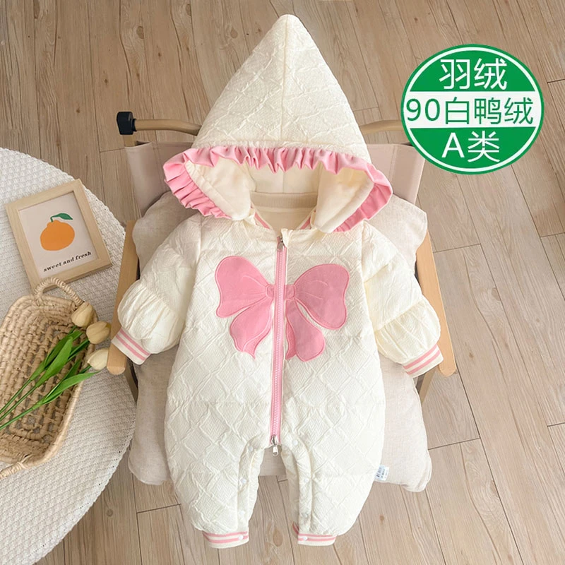 婴儿羽绒服冬装连体衣新生儿女宝宝加厚加绒满月百天周岁服冬季服