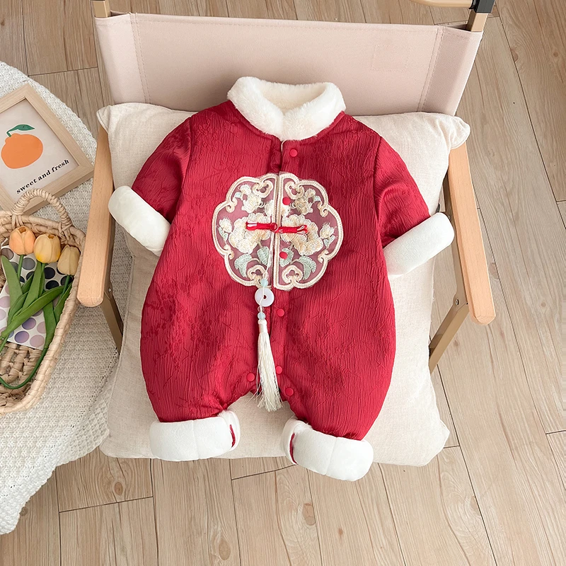 冬季新款加厚加棉冬装连体衣男女宝周岁百天礼服新国风保暖外出服