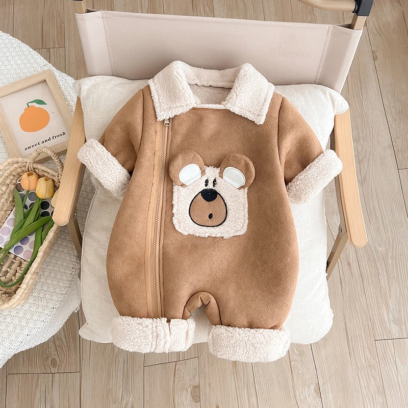 婴儿深秋仿皮毛连体衣新生儿宝宝冬季可爱小熊衣服满月百天外出服