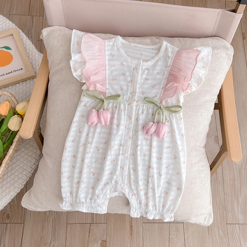 婴儿夏款连体衣女宝宝超萌洋气夏季薄款郁金香短袖满月百天外出服