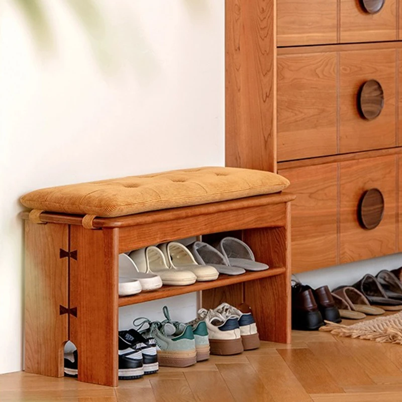 全樱桃木换鞋凳玄关实木鞋架北欧家用入户一体挂衣架门口鞋架子
