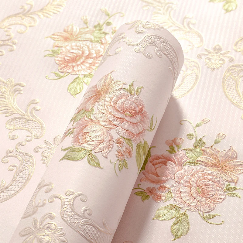 欧式田园风格壁纸粉色碎花卧室客厅家用非自粘温馨房间小清新墙纸