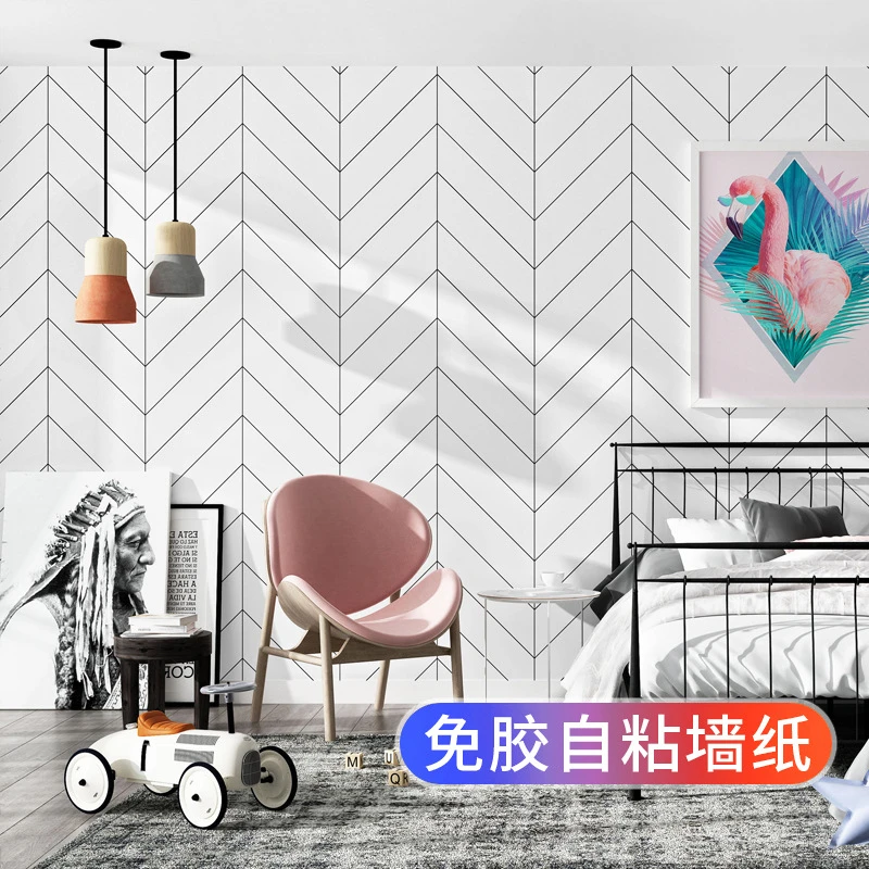 黑白格子自粘壁纸北欧风格ins线条图形自贴客厅卧室简约背景墙纸