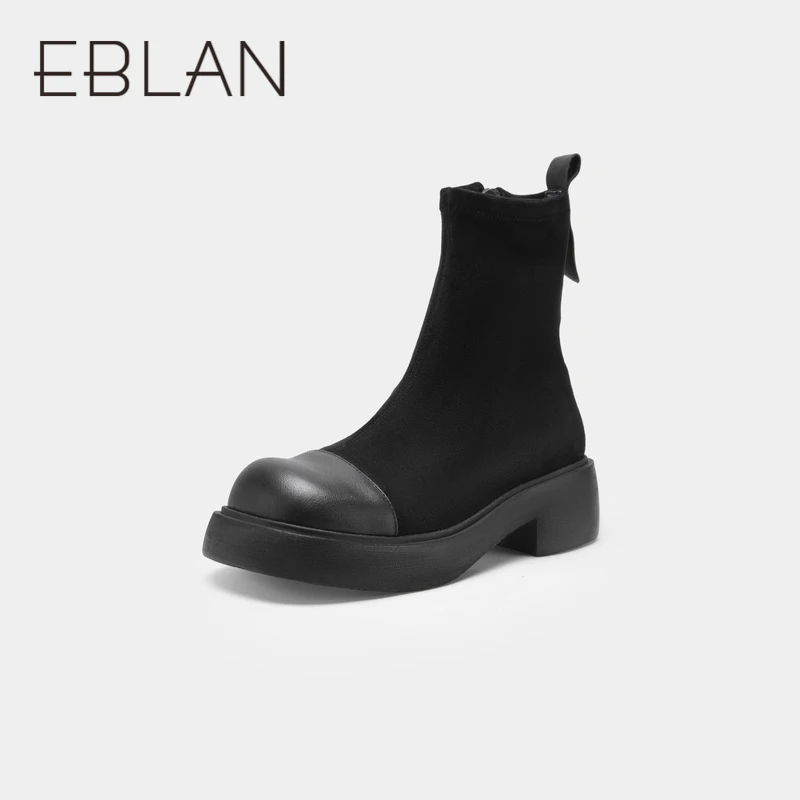 EB厚底女靴设计感短筒烟筒靴瘦瘦靴撞色拼接弹力靴B22531928