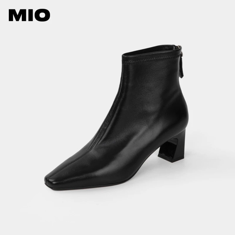 M粗跟真皮短靴女方头中跟气质瘦瘦靴 M225689708