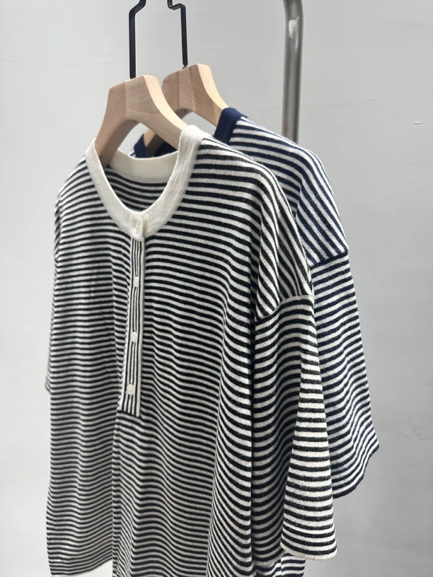 2023秋季新款条纹宽松简约羊毛休闲舒适半袖针织上衣