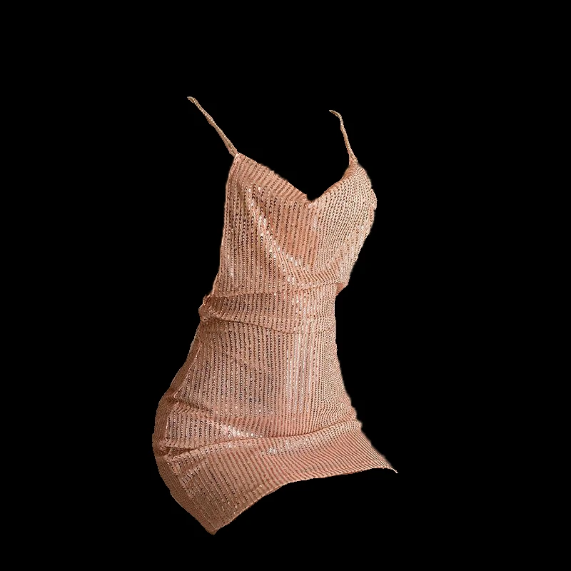 性感亮片 网纱镶钻链条交叉露背弹力贴身睡裙套装