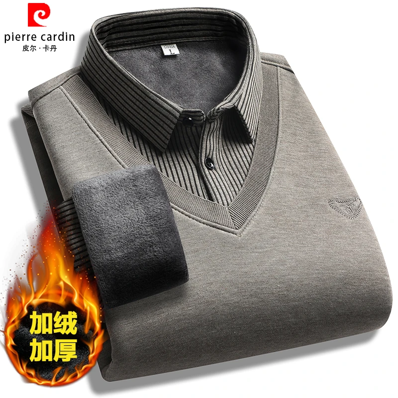皮尔卡丹冬季男翻领加绒加厚保暖休闲纯色长袖中老年毛衣针织衫潮