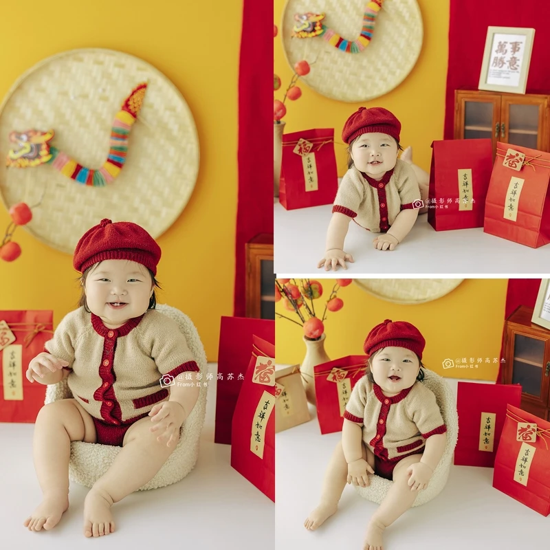 新年百天拍照道具新生儿满月照周岁儿童摄影影楼百日照摄影服装