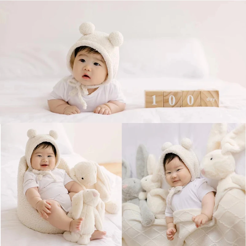 儿童摄影服装小兔子帽子奶油风自然光宝宝百天照周岁照拍照衣服