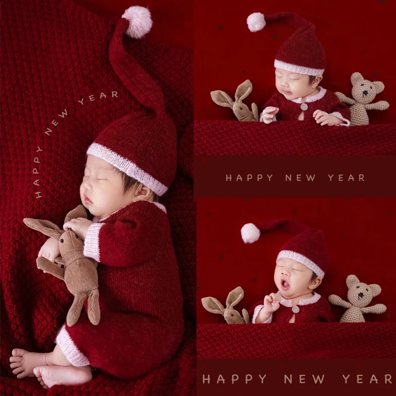 新年圣诞红色满月照摄影道具衣服婴儿宝宝百天照百日照拍摄服装