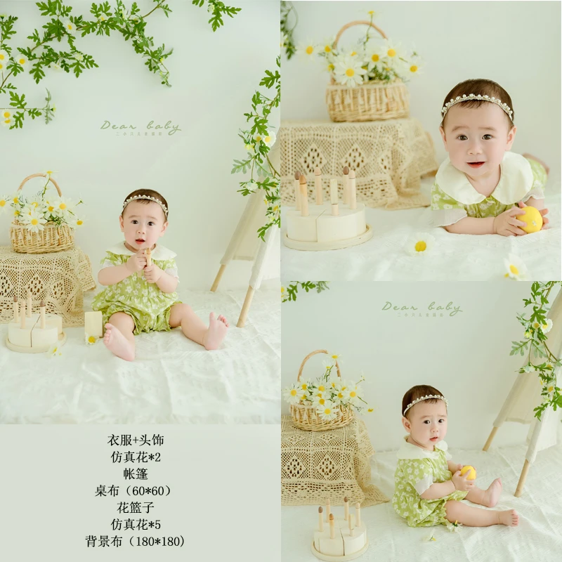 儿童摄影服装百天照宝宝衣服绿色小花主题宝宝拍摄清新艺术照衣服