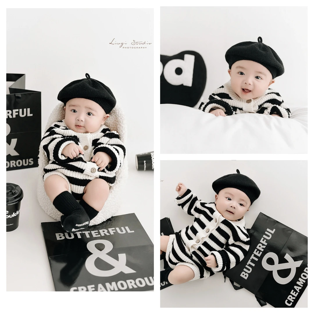 儿童摄影服装黑白条纹宝宝百天照周岁照拍照服装影楼大牌主题道具