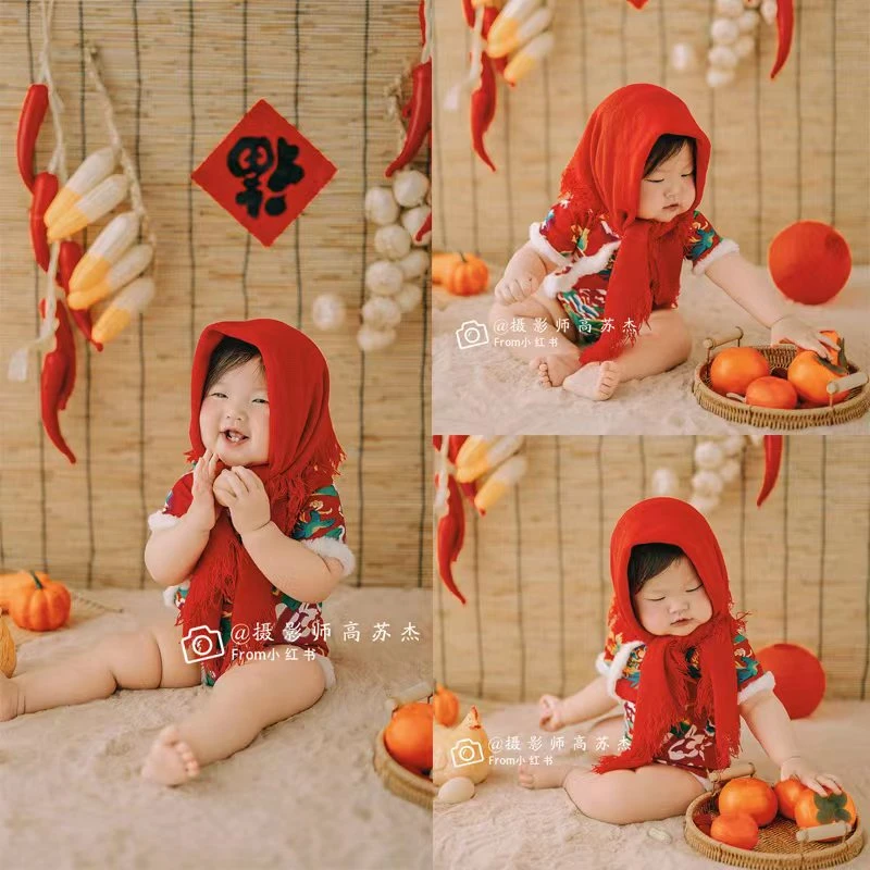 新年喜庆百天照摄影道具衣服婴儿宝宝周岁照月子照百日100天服装