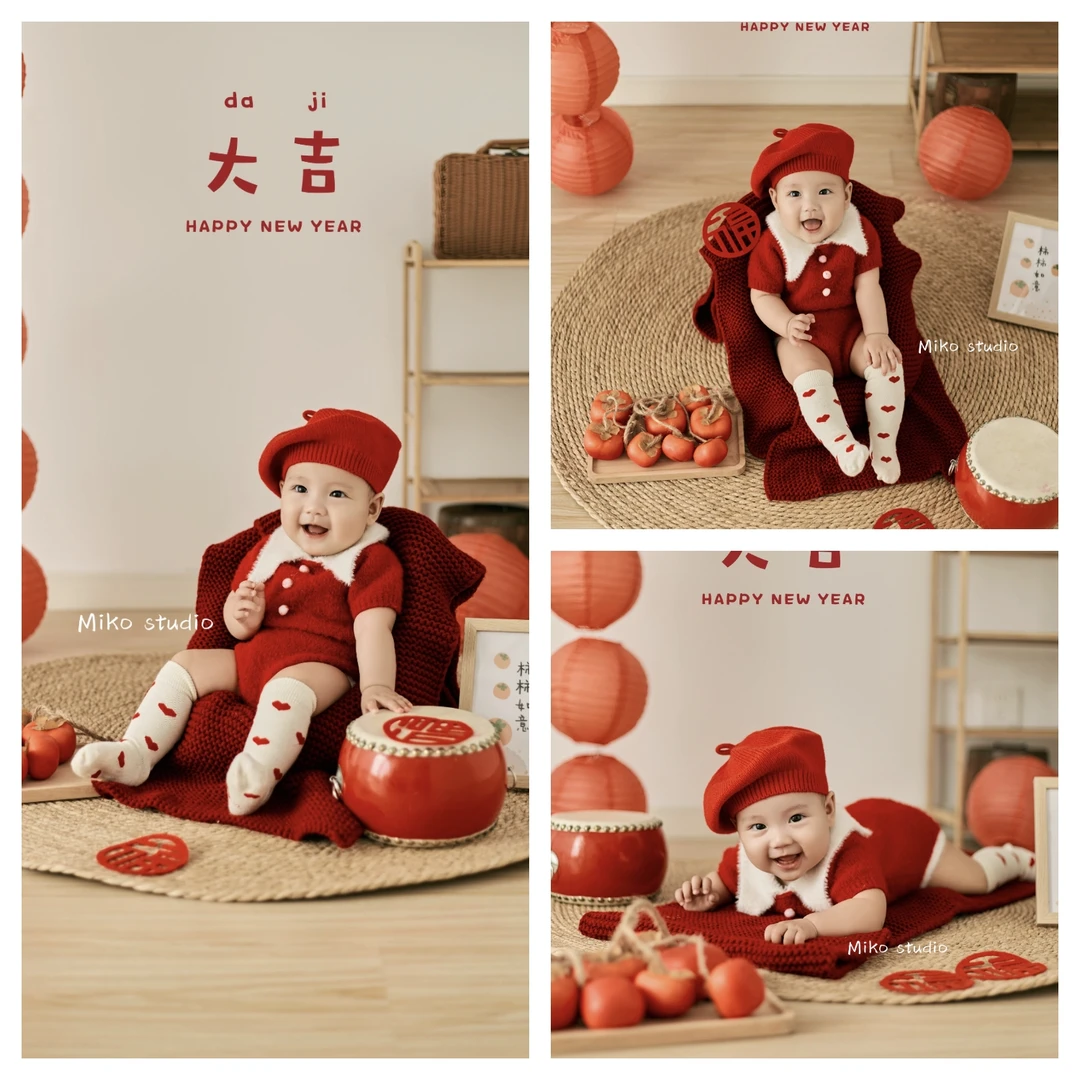 儿童摄影服装柿柿如意新年主题道具影楼宝宝百天照周岁照拍照服装