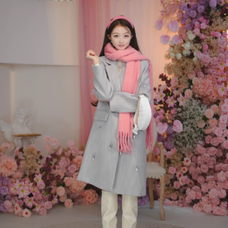 EVA OUXIU/伊华欧秀绵羊毛灰色千金风驼毛中长款外套45WLS5591