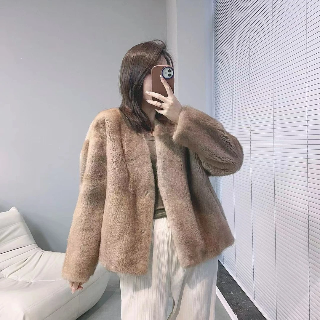 【林鹿儿】新款紫标天鹅绒年轻款貂皮大衣短款皮草外套大衣女气质