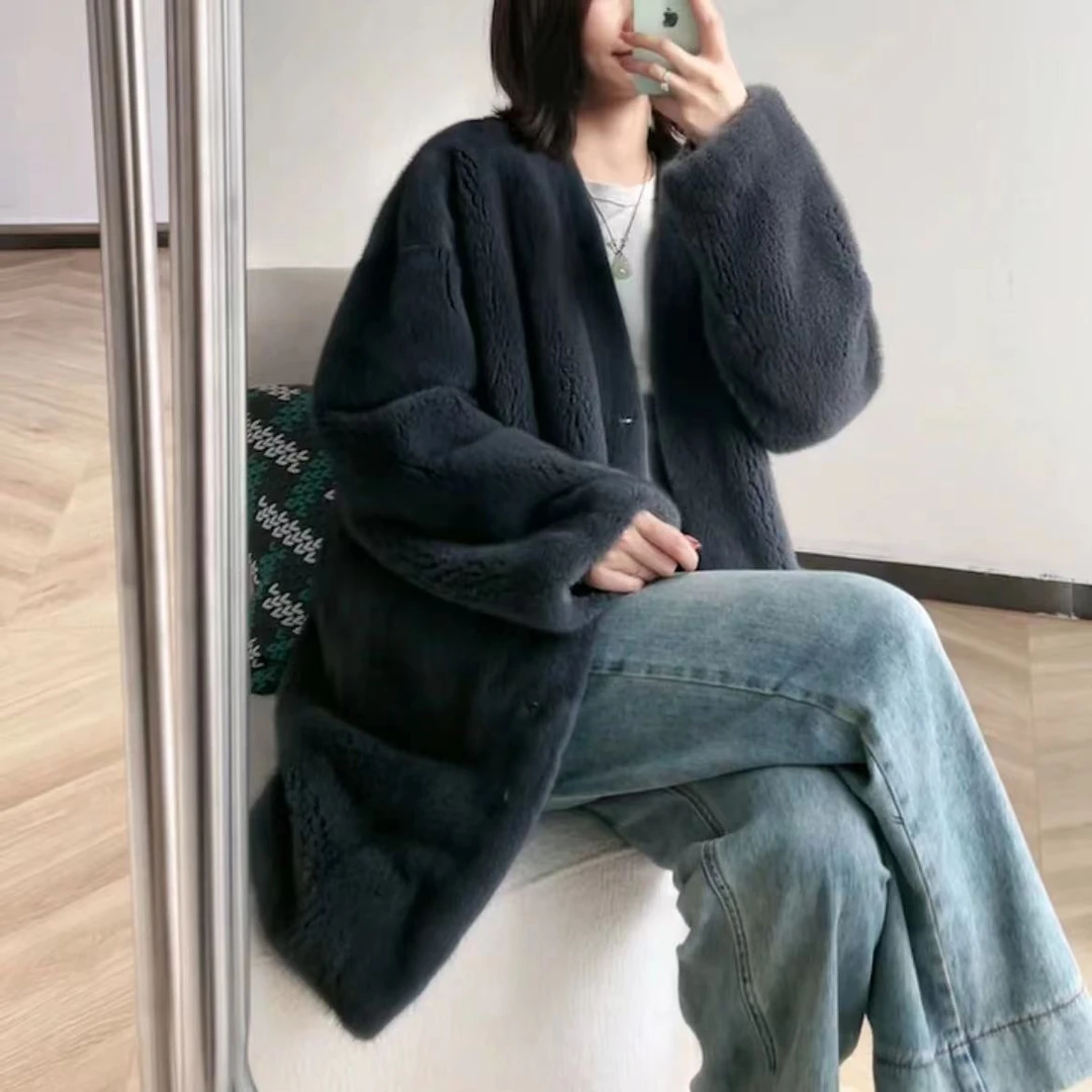 林鹿儿整貂天鹅绒中长款V领貂皮大衣百搭水貂皮草外套女爆款高档