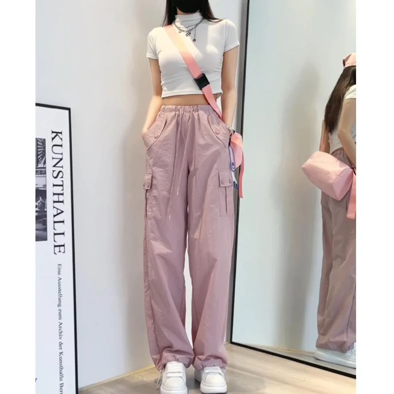 粉色工装裤女夏季薄款两穿宽松高腰运动裤冰丝速干休闲直筒阔腿裤