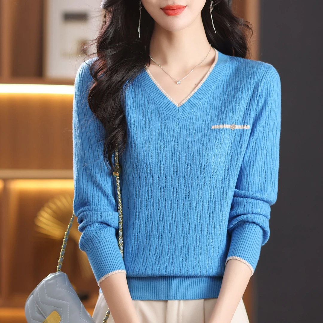 2025春秋款V领女针织衫纯色百搭修身洋气休闲宽松上衣套头春季