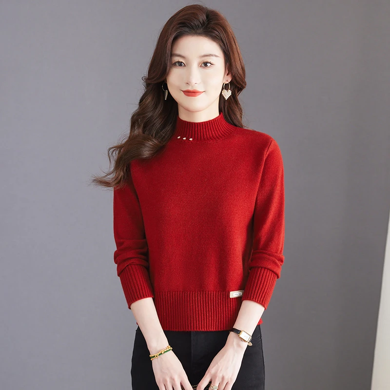 2024冬款圆领女针织衫洋气纯色典雅休闲长袖套头上衣加厚宽松冬季