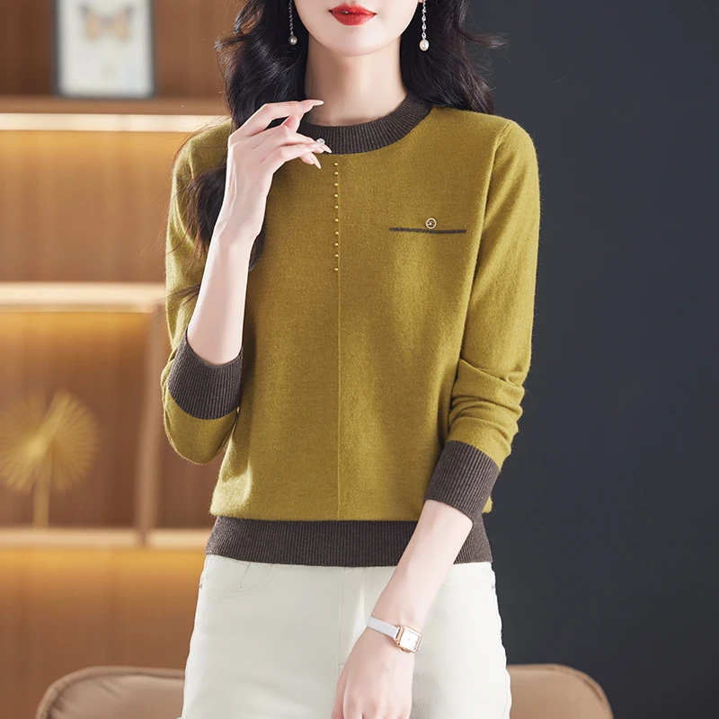 2025秋冬款圆领女针织衫时尚百搭纯色休闲宽松减龄上衣套头