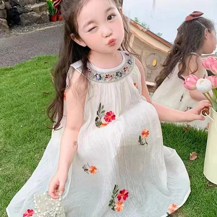 1265女童连衣裙夏装新款洋气刺绣吊带裙夏季纱裙儿童沙滩公主裙夏