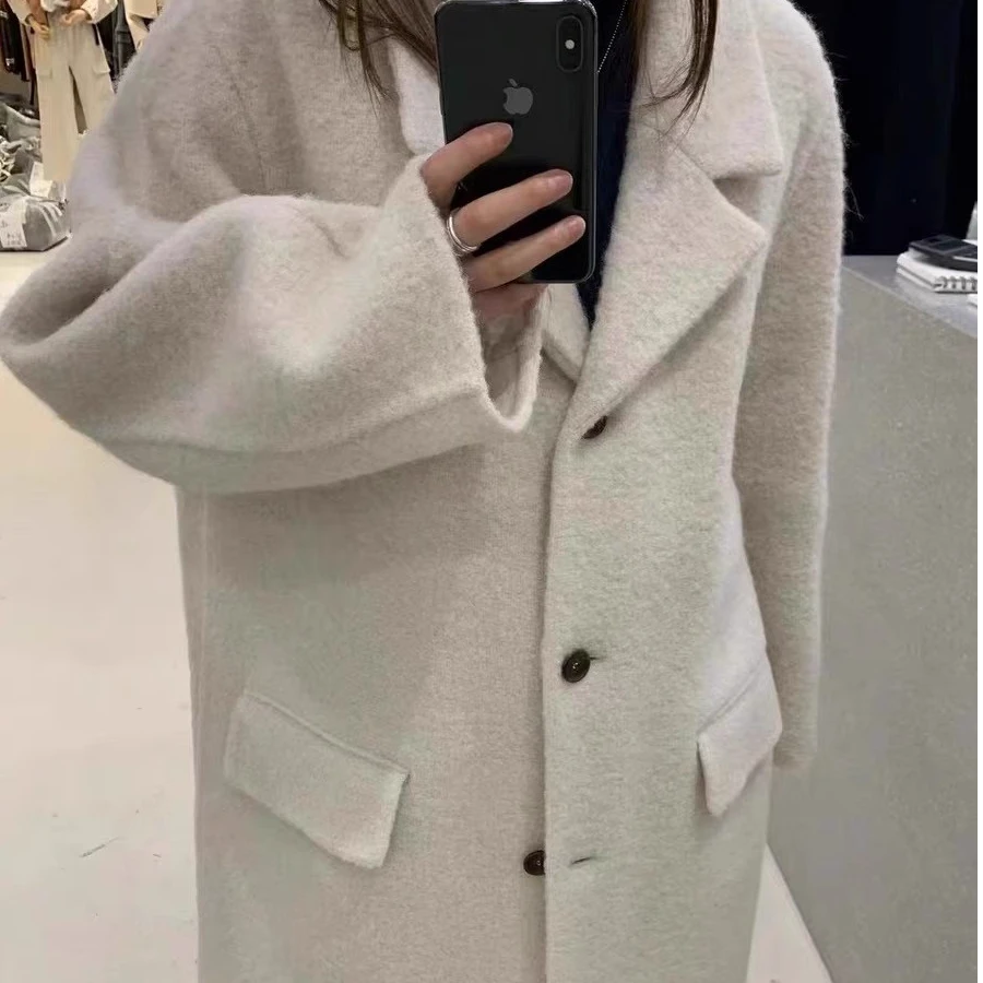 现韩国东大门gallery女2024秋冬气质西装领中长大衣外套白色
