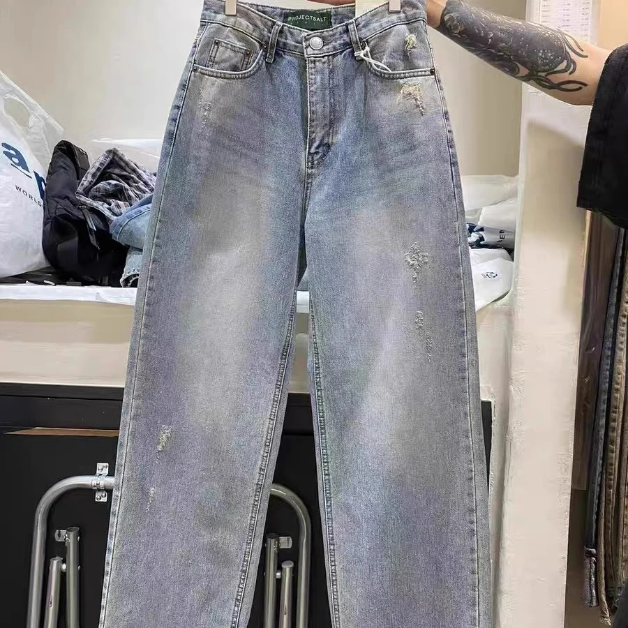 现韩国东大门代购PROJECT SALT女时尚做旧毛边直筒牛仔裤