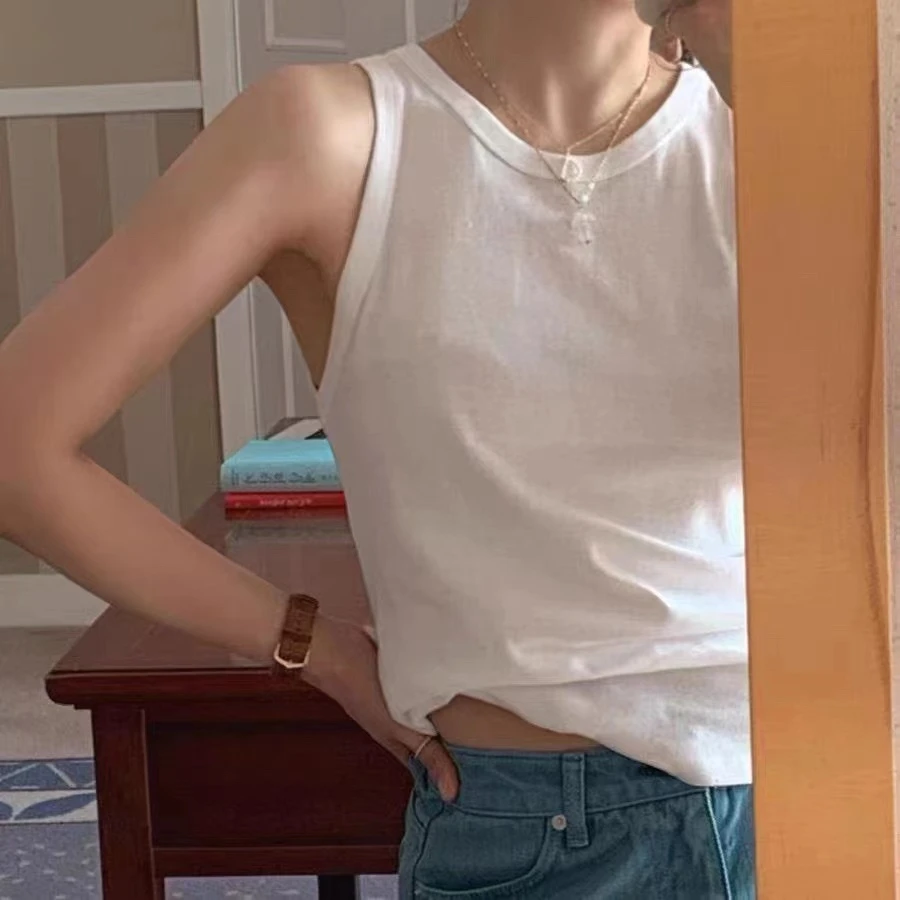 韩国东大门minimuze通勤百搭圆领无袖背心白色内搭打底