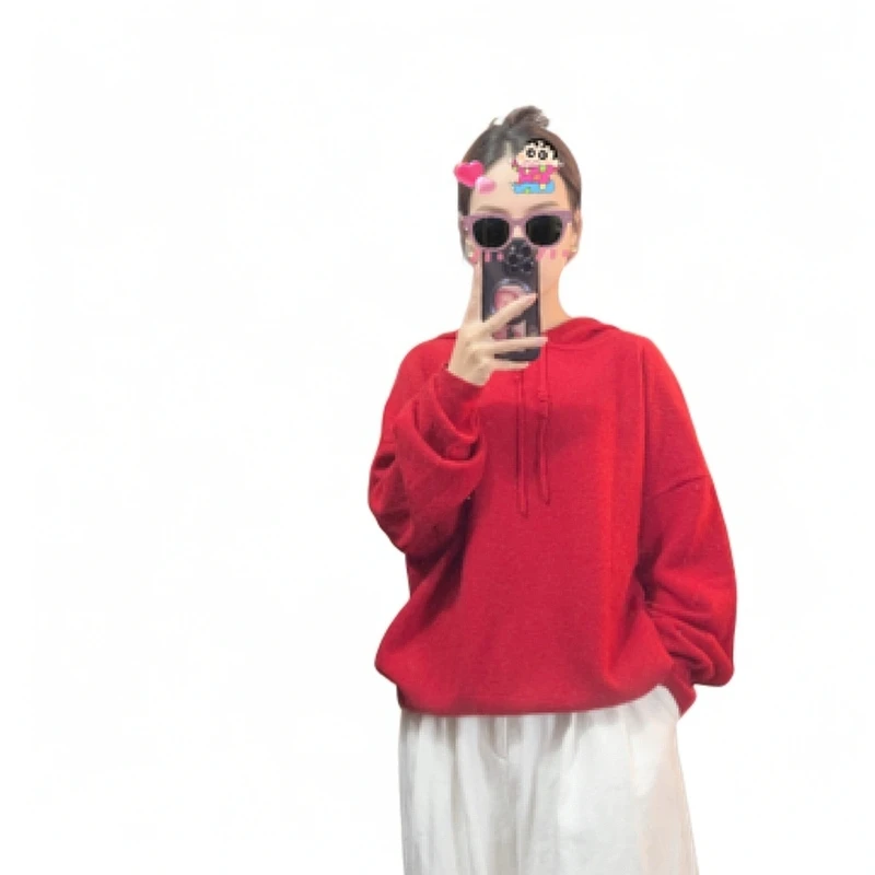 秋冬保暖时尚百搭羊绒衫（不支持7天无理由）针织宽松红色连帽上衣