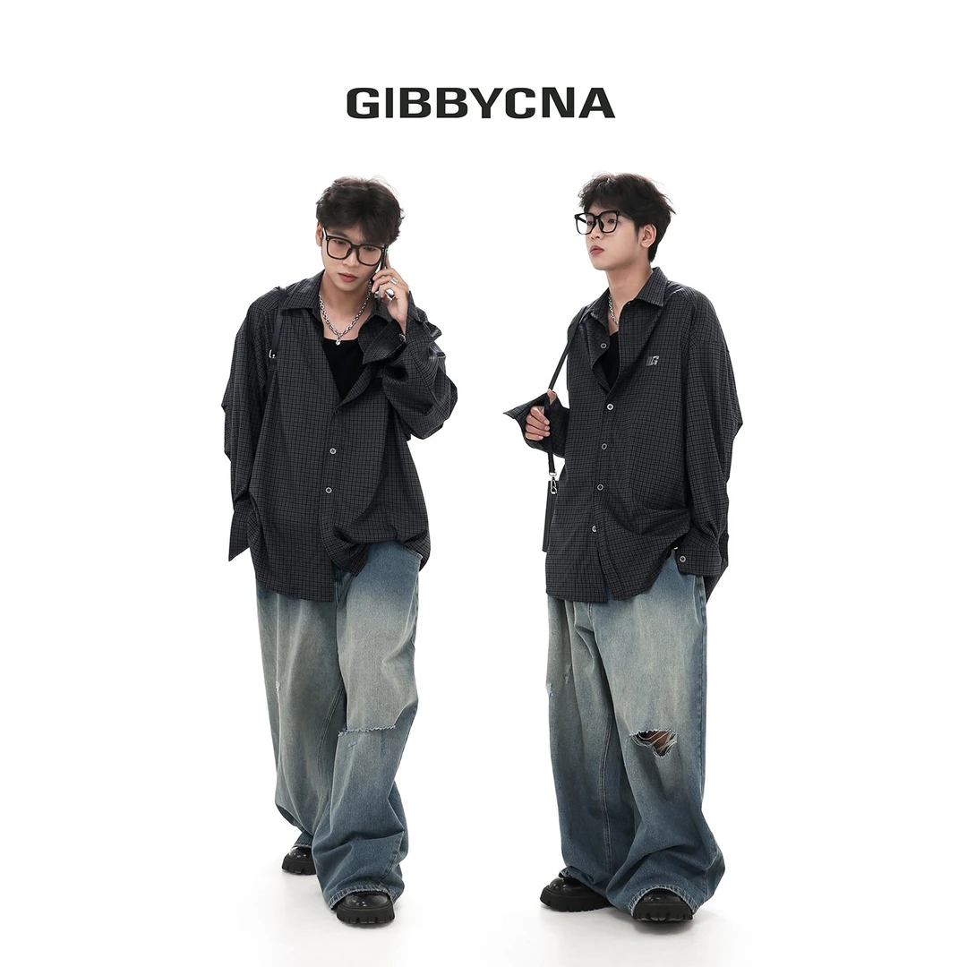 GIBBYCNA主线/秋季复古G刺绣格子衬衫潮牌宽松长袖衬衣休闲情侣装