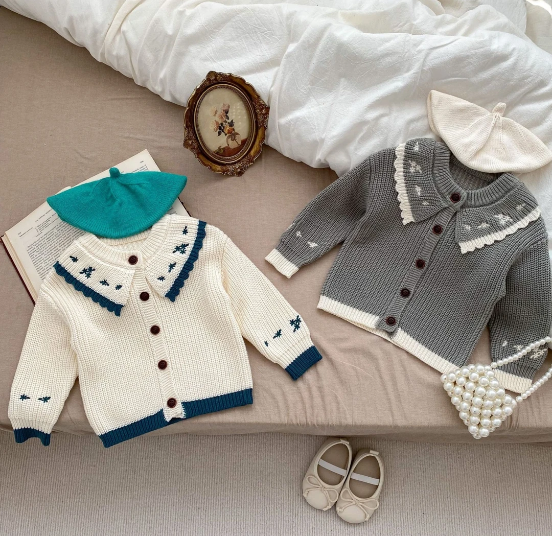 萱妈家ins秋款婴儿宝宝绣花大翻领棉纱针织外套开衫毛衣M2083